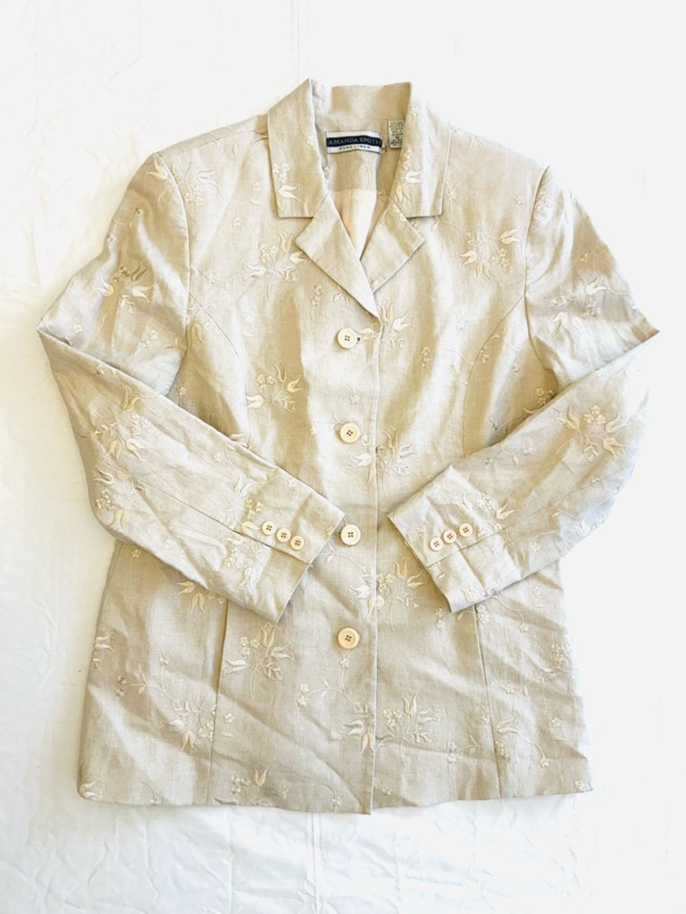 Vintage Amanda Smith Beige Pure Linen Embroidered Blazer Jacket